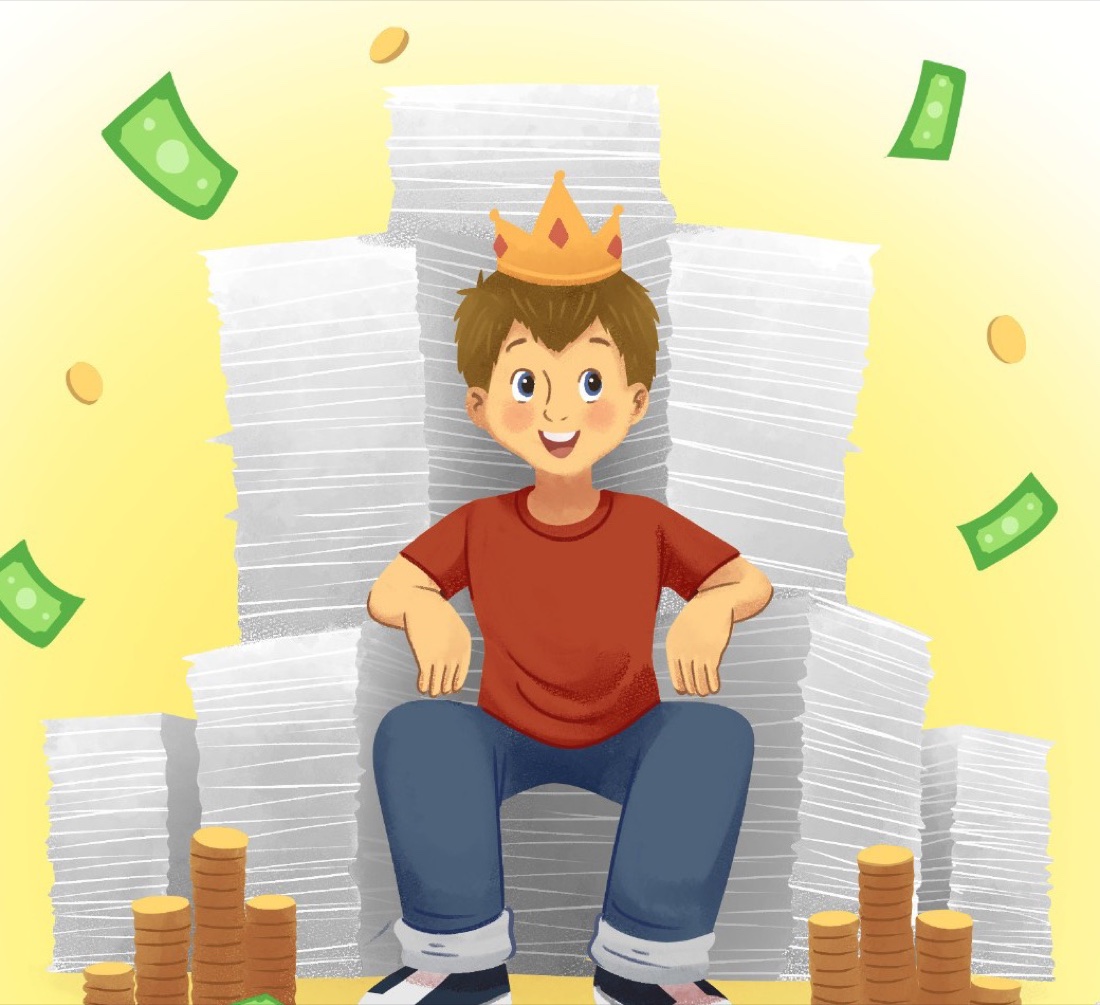 Joey wearing a crown, sitting on a throne made of leases